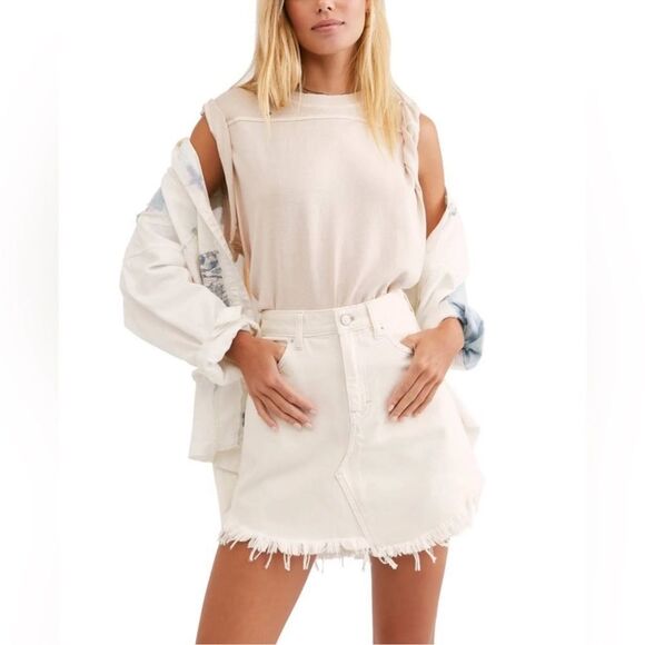 Free People Bailey Denim Raw Hem Mini Skirt in Coconut - Picture 2 of 10